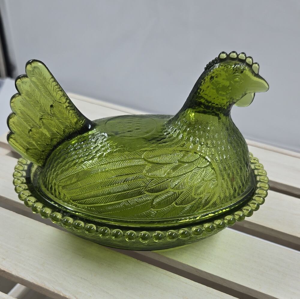 Indiana Green Pressed Glass Hen on Nest Covered Dish with Lid Oval 2-Piece Set